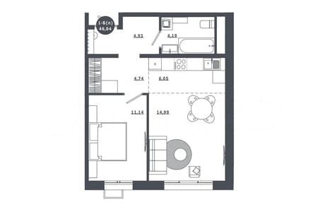 Купить однокомнатную квартиру, 46 м², этаж 15 из 16. Фото 1