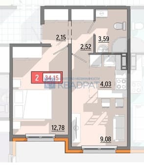Купить однокомнатную квартиру, 34.15 м², этаж 8 из 8. Фото 2