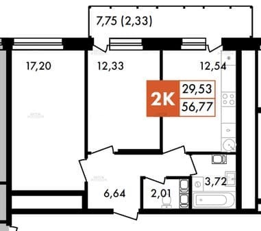 Продам двухкомнатную квартиру, 56.77 м², этаж 7 из 10. Фото 3