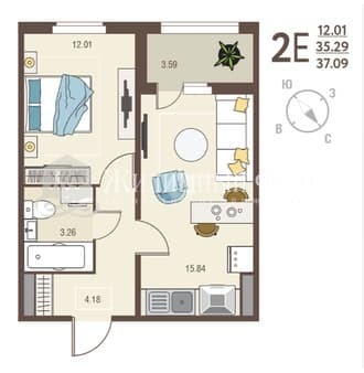Продам двухкомнатную квартиру, 37.1 м², этаж 13 из 17. Фото 1