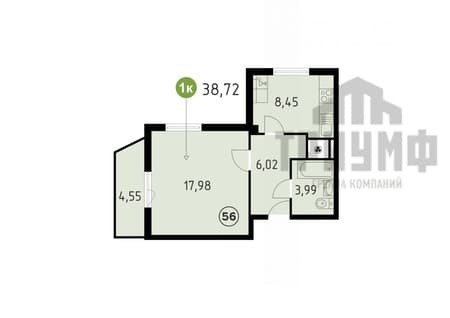 Купить однокомнатную квартиру, 38.72 м², этаж 8 из 14. Фото 2