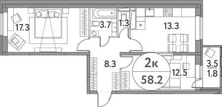 Продается двухкомнатная квартира, 58.2 м², 35 мин. до метро на транспорте, этаж 13 из 14. Фото 1