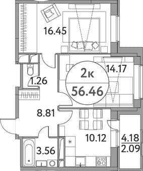 Продажа двухкомнатной квартиры, 56.46 м², 35 мин. до метро на транспорте, этаж 12 из 17. Фото 1