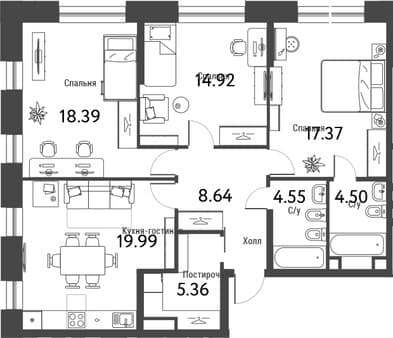 Продать трехкомнатную квартиру, 93.72 м², 10 мин. до метро пешком, этаж 2 из 10. Фото 1