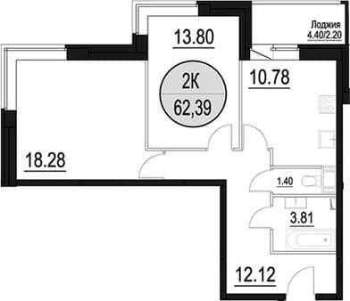 Купить двухкомнатную квартиру, 62.39 м², 30 мин. до метро на транспорте, этаж 8 из 17. Фото 1