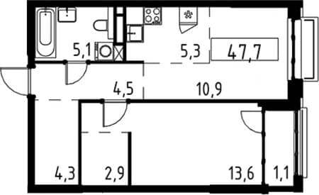 Продажа однокомнатной квартиры, 47.7 м², этаж 14 из 16. Фото 1