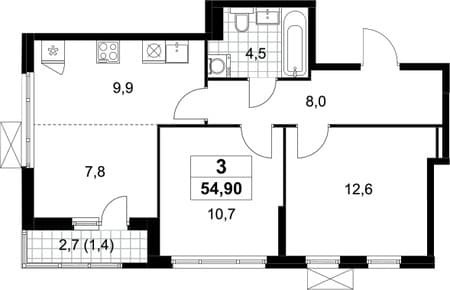 Продается двухкомнатная квартира, 54.9 м², 20 мин. до метро пешком, этаж 6 из 9. Фото 1