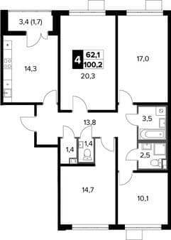 Продажа четырехкомнатной квартиры, 100.2 м², 20 мин. до метро на транспорте, этаж 20 из 20. Фото 1
