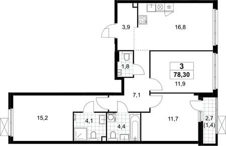 Продажа трехкомнатной квартиры, 78.3 м², 20 мин. до метро пешком, этаж 2 из 8. Фото 7