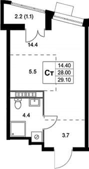 Объявление о продаже однокомнатной студии, 29.1 м², 10 мин. до метро на транспорте, этаж 2 из 8. Фото 1
