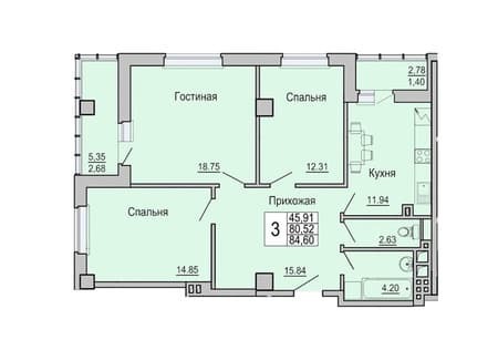 Купить трехкомнатную квартиру, 84 м², этаж 5 из 19. Фото 7
