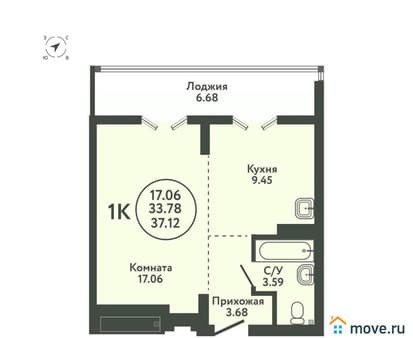 Продажа однокомнатной квартиры, 37.12 м², этаж 8 из 9. Фото 1
