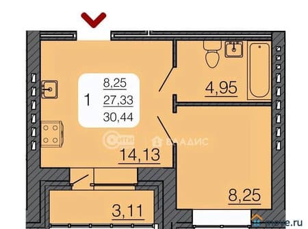 Продаю однокомнатную квартиру, 30.44 м², этаж 1 из 3. Фото 1