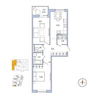 Продаю двухкомнатную квартиру, 62.8 м², этаж 7 из 8. Фото 1