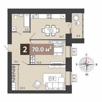 Продам двухкомнатную квартиру, 70 м², этаж 8 из 17. Фото 1