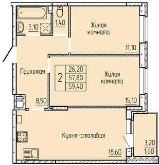 Продается двухкомнатная квартира, 59.5 м², этаж 2 из 4. Фото 1