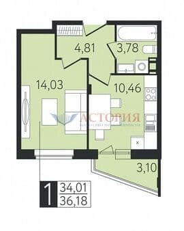 Продажа однокомнатной квартиры, 36 м², этаж 8 из 8. Фото 3