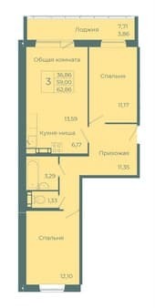 Продаем трехкомнатную квартиру, 62.9 м², этаж 9 из 10. Фото 1