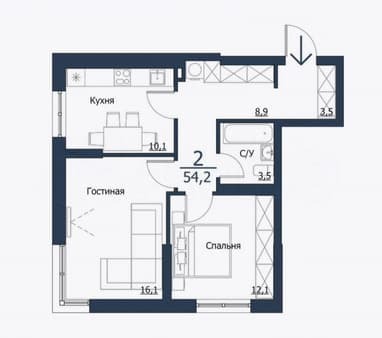 Продаю двухкомнатную квартиру, 54.2 м², этаж 13 из 25. Фото 2