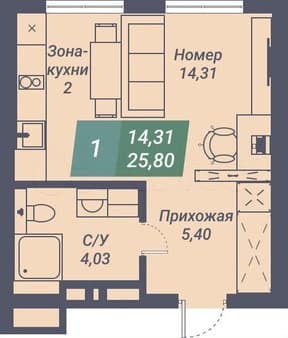 Купить однокомнатные апартаменты, 25.8 м², этаж 13 из 23. Фото 2