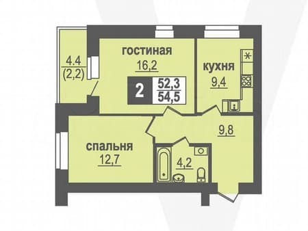 Продажа двухкомнатной квартиры, 54.5 м², этаж 4 из 10. Фото 1