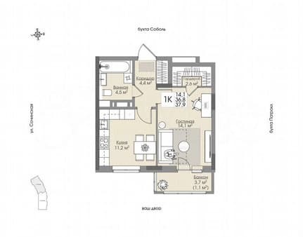 Продажа однокомнатной квартиры, 37.9 м², этаж 9 из 9. Фото 1