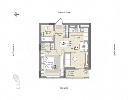 Продам однокомнатную квартиру, 45.8 м², этаж 8 из 9. Фото 1