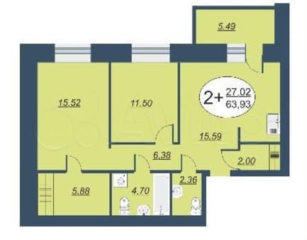 Продается двухкомнатная квартира, 63.9 м², этаж 7 из 17. Фото 1