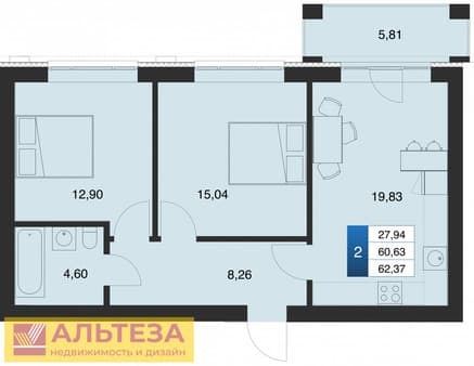 Объявление о продаже двухкомнатной квартиры, 62.37 м², этаж 1 из 4. Фото 5