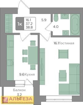 Продать однокомнатную квартиру, 37.1 м², этаж 8 из 9. Фото 6