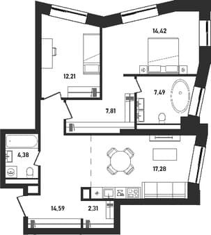Продам двухкомнатную квартиру, 80.49 м², 10 мин. до метро пешком, этаж 11 из 33. Фото 1