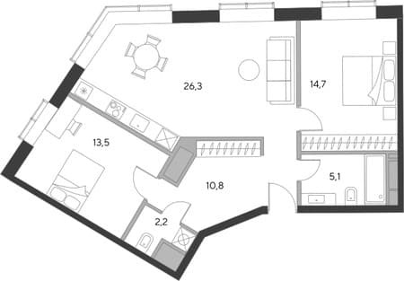 Продаем двухкомнатную квартиру, 72.5 м², 5 мин. до метро пешком, этаж 19 из 21. Фото 1