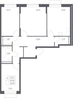 Продажа трехкомнатной квартиры, 83.58 м², 5 мин. до метро пешком, этаж 12 из 19. Фото 1