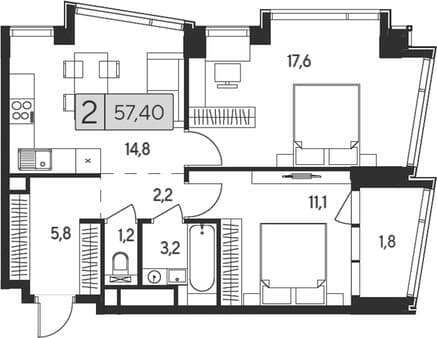 Продается двухкомнатная квартира, 57.4 м², 20 мин. до метро пешком, этаж 14 из 23. Фото 1