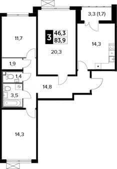 Объявление о продаже трехкомнатной квартиры, 83.9 м², 20 мин. до метро на транспорте, этаж 6 из 13. Фото 1