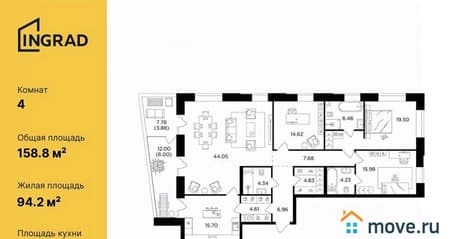 Продажа четырехкомнатной квартиры, 158.84 м², этаж 18 из 19. Фото 1