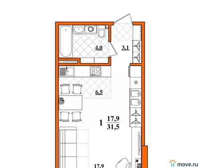 Продажа однокомнатной квартиры, 31.5 м², этаж 1 из 9. Фото 1