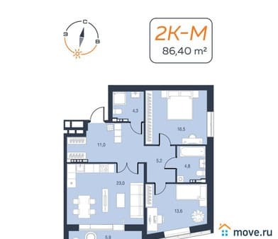 Продажа двухкомнатной квартиры, 86.4 м², этаж 5 из 7. Фото 1