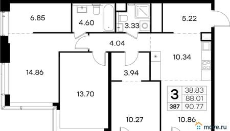 Продаем трехкомнатную квартиру, 90.77 м², этаж 15 из 32. Фото 1
