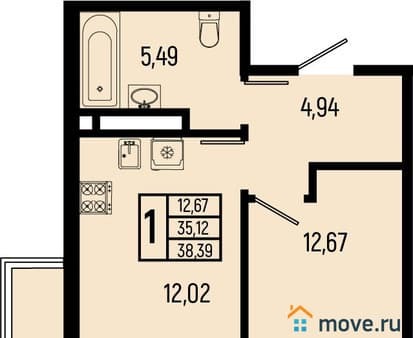 Продажа однокомнатной квартиры, 38.39 м², этаж 5 из 18. Фото 1
