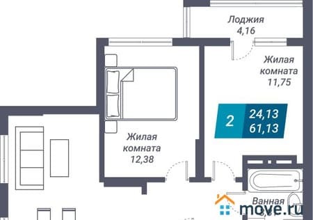 Объявление о продаже двухкомнатной квартиры, 61.13 м², этаж 23 из 25. Фото 3
