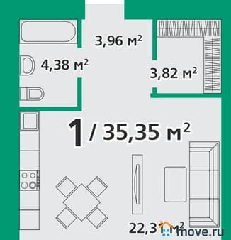 Продаем однокомнатную квартиру, 35.35 м², этаж 7 из 8. Фото 1