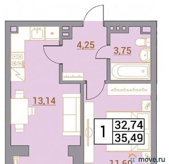 Объявление о продаже однокомнатной квартиры, 35.49 м², этаж 2 из 5. Фото 1