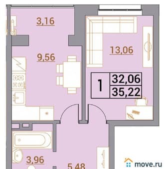 Продажа однокомнатной квартиры, 35.22 м², этаж 2 из 5. Фото 1