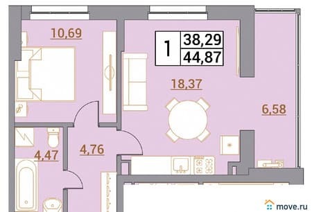 Продажа однокомнатной квартиры, 44.87 м², этаж 2 из 5. Фото 1