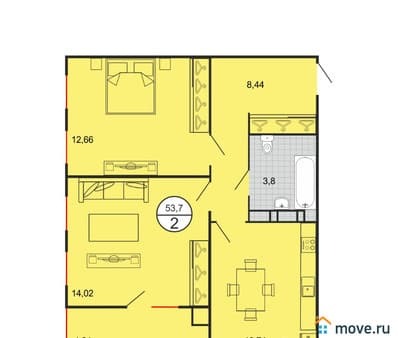 Продажа двухкомнатной квартиры, 53.7 м², этаж 2 из 4. Фото 1