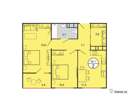 Продажа двухкомнатной квартиры, 56.1 м², этаж 15 из 19. Фото 1