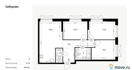 Купить трехкомнатную квартиру, 68.4 м², этаж 16 из 24. Фото 7