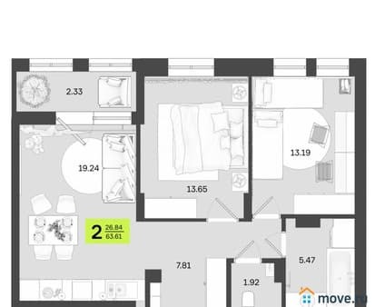 Купить двухкомнатную квартиру, 63.61 м², этаж 2 из 14. Фото 1