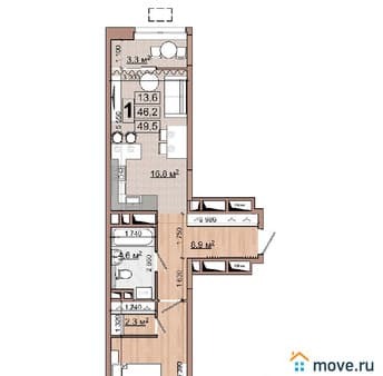 Купить однокомнатную квартиру, 49.5 м², этаж 10 из 18. Фото 1
